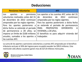 Ministerio de Hacienda y Crédito Público
República de Colombia
Deducciones
Pensiones Voluntarias AFC
Los aportes a pensiones
voluntarias realizados antes del 31
de diciembre de 2012 continúan
amparados por las reglas vigentes.
Para los aportes posteriores a
dicha fecha se extiende el periodo
de permanencia a 20 años; se
impone un límite de $100 millones
anuales, sumados a los aportes a
las cuentas AFC.
Los aportes a las cuentas AFC antes del 31
de diciembre de 2012 continúan
amparados por las reglas vigentes.
Para los aportes posteriores a dicha fecha
se extiende el periodo de permanencia
PARA PROPOSITOS DIFERENTES A
VIVIENDA, a 20 años.
El beneficio es para adquirir vivienda del
trabajador.
La suma de los aportes a pensiones voluntarias y cuentas AFC amparada por el beneficio
tributario será por el 30% del ingreso pero no podrá exceder los $99.9 millones. Esta
restricción sólo afecta a quienes ganen mas de $27,8 millones mensuales.
 