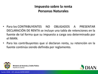 Ministerio de Hacienda y Crédito Público
República de Colombia
• Para los CONTRIBUYENTES NO OBLIGADOS A PRESENTAR
DECLARACIÓN DE RENTA se incluye una tabla de retenciones en la
fuente de tal forma que su impuesto a carga sea determinado por
el IMAN.
• Para los contribuyentes que sí declaran renta, su retención en la
fuente continúa siendo definida por reglamento.
Fuente: OCDE – OIT, cálculos DGPM-MHCP.
Impuesto sobre la renta
Personas Naturales
 