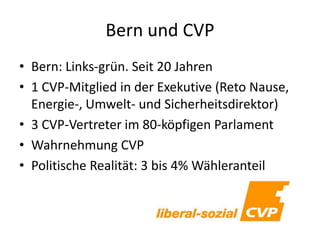 Bern und CVP
• Bern: Links-grün. Seit 20 Jahren
• 1 CVP-Mitglied in der Exekutive (Reto Nause,
Energie-, Umwelt- und Sicherheitsdirektor)
• 3 CVP-Vertreter im 80-köpfigen Parlament
• Wahrnehmung CVP
• Politische Realität: 3 bis 4% Wähleranteil
 