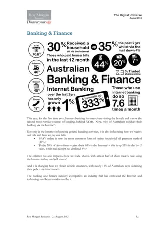The Digital Universe
                                                                                           August 2012




Banking & Finance




This year, for the first time ever, Internet banking has overtaken visiting the branch and is now the
second most popular channel of banking, behind ATMs. Now, 46% of Australians conduct their
banking via the Internet4.

Not only is the Internet influencing general banking activities, it is also influencing how we receive
our bills and how we pay our bills:
      • BPAY online is now the most common form of online household bill payment method
           (44%)1
      • Today 30% of Australians receive their bill via the Internet1 – this is up 35% in the last 2
           years, while mail receipt has declined 4%6

The Internet has also impacted how we trade shares, with almost half of share traders now using
the Internet to buy and sell shares3.

And it is changing how we obtain vehicle insurance, with nearly 15% of Australians now obtaining
their policy via this channel2.

The banking and finance industry exemplifies an industry that has embraced the Internet and
technology and been transformed by it.




Roy Morgan Research - 21 August 2012                                                            12
 