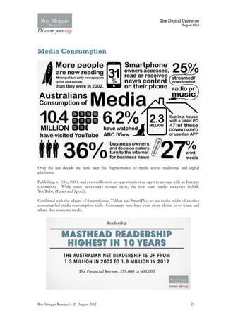 The Digital Universe
                                                                                      August 2012




Media Consumption




Over the last decade we have seen the fragmentation of media across traditional and digital
platforms.

Publishing to 100s, 1000s and even millions is an opportunity now open to anyone with an Internet
connection. While many newcomers remain niche, the new mass media successes include
YouTube, iTunes and Spotify.

Combined with the advent of Smartphones, Tablets and SmartTVs, we are in the midst of another
consumer-led media consumption shift. Consumers now have even more choice as to when and
where they consume media.




Roy Morgan Research - 21 August 2012                                                        23
 