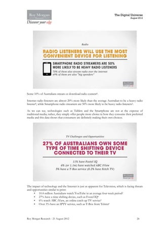 The Digital Universe
                                                                                          August 2012




Some 10% of Australians stream or download radio content8.

Internet radio listeners are almost 20% more likely than the average Australian to be a heavy radio
listener8, while Smartphone radio streamers are 50% more likely to be heavy radio listeners2.

As we can see, technologies such as Tablets and the Smartphone are not at the expense of
traditional media; rather, they simply offer people more choice in how they consume their preferred
media and this data shows that consumers are definitely making their own choices.




The impact of technology and the Internet is just as apparent for Television, which is facing threats
and opportunities similar to print:
     • 10.4 million Australians watch YouTube in an average four week period2
     • 27% have a time shifting device, such as Foxtel IQ8
     • 6% watch ABC iView, an online catch-up TV service2
     • Over 3% have an IPTV service, such as T-Box from Telstra8



Roy Morgan Research - 21 August 2012                                                           26
 