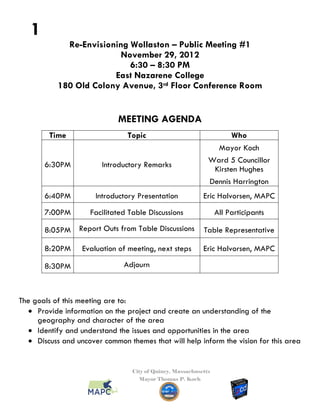 1
             Re-Envisioning Wollaston – Public Meeting #1
                          November 29, 2012
                            6:30 – 8:30 PM
                        East Nazarene College
           180 Old Colony Avenue, 3rd Floor Conference Room


                             MEETING AGENDA
         Time                   Topic                                Who
                                                                Mayor Koch
                                                              Ward 5 Councillor
       6:30PM            Introductory Remarks
                                                               Kirsten Hughes
                                                              Dennis Harrington
       6:40PM          Introductory Presentation            Eric Halvorsen, MAPC
       7:00PM        Facilitated Table Discussions                All Participants

       8:05PM Report Outs from Table Discussions            Table Representative

       8:20PM      Evaluation of meeting, next steps        Eric Halvorsen, MAPC

       8:30PM                  Adjourn



The goals of this meeting are to:
    Provide information on the project and create an understanding of the
     geography and character of the area
    Identify and understand the issues and opportunities in the area
    Discuss and uncover common themes that will help inform the vision for this area


                                  City of Quincy, Massachusetts
                                    Mayor Thomas P. Koch
 