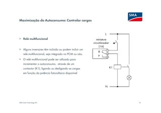 Maximização do Autoconsumo: Controlar cargas




> Relé multifuncional


> Alguns inversores têm incluído ou podem incluir um
     relé multifuncional, seja integrado no PCM ou não.
> O relé multifuncional pode ser utilizado para
     incrementar o autoconsumo, através de um
     contactor (K1), ligando ou desligando as cargas
     em função da potência fotovoltaica disponível.




SMA Solar Technology AG                                   14
 