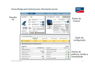 Sunny Design para Autoconsumo. Descripción previa.



Gerador
                                                       Dados do
  FV
                                                        Inversor




                                                           Dado de
                                                         configuração




                                                       Gamas de
                                                       potência, tensão e
                                                       intendisdade
  SMA Solar Technology AG                                          25
 