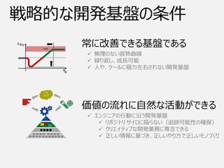 戦略的な開発基盤の条件
    常に改善できる基盤である
     無理のない習熟曲線
     繰り返し、成長可能
     人や、ツールに極力左右されない開発基盤




    価値の流れに自然な活動ができる
     エンジニアの行動に沿う開発基盤
        リポジトリ サイロに陥らない（追跡可能性の確保）
        クリエイティブな開発業務に専念できる
        正しい情報に基づき、正しいやり方で正しいモノづくり
 