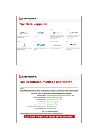 23-11-2012




Tip: Data koppelen
Een naadloze integratie helpt nog beter!




                                DATA




Tip: Resultaten mailings analyseren




      Kijk eens verder dan enkel opens en clicks!




                                                           14
 