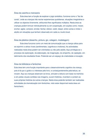 Área da casinha e mercearia
       Esta área tem a função de explorar o jogo simbólico, funciona como o “faz de
conta”, onde as crianças irão recriar experiencias quotidianas, situações imaginárias e
utilizar os objectos livremente, atribuindo-lhes significados múltiplos. Nesta área as
crianças podem brincar individualmente ou em cooperação, em acções como: mexer,
encher, agitar, comprar, enrolar, fechar, dobrar, vestir, despir, entre outras e imitar o
adulto em situações que tenham observado em cada ou noutro local.



Área da plástica (desenho, pintura, giz, colagem, modelagem)
       Esta área funciona como um meio de comunicação que a criança utiliza para
se exprimir a vários níveis (sentimentais, cognitivos e motores). As actividades
realizadas nesta área podem ser orientadas ou não pelo adulto. Aqui privilegia-se o
processo de exploração, da elaboração, da imaginação, do empenho, de captação, em
detrimento dos resultados finais. Pretende ser um espaço de criatividade e inovação.



Área da biblioteca e fantoches
Esta área tem uma função importante para o desenvolvimento cognitivo da criança,
pois é lá que o gosto e o interesse pelo livro, e consequentemente pela leitura, se
iniciam. Aqui as crianças observam os livros, simulam a leitura com base na memória
e em pistas visuais contidas nas imagens, ouvem histórias, inventam e contam as
suas próprias histórias às outras crianças. Nesta área poderão também ser realizadas
actividades de dramatização com fantoches, visto estar disponível nesta área um
fantocheiro.




                                                                                            36
 