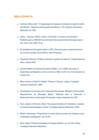 BIBLIOGRAFIA

    Cardona, Maria João: “ A organização do espaço e do tempo na sala de Jardim
     de Infância”, Cadernos de Educação de Infância, n.º24, Outubro- Novembro-
     Dezembro de 1992.


    Delors , Jacques, (2003), (coord.), Educação: um tesouro da descobrir –
     Relatório para a UNESCO da Comissão Internacional sobre Educação para o
     Sec. XXI, Porto, ASA, 8ª ed.


    Enciclopédia de Educação Infantil, (1997), Recursos para o desenvolvimento
     do currículo escolar, Rio de Mouro, Nova Presença.


    Figueiredo, Manuel: “Projecto curricular no jardim de infância”, Projecto Bola de
     Neve, Lisboa 2003;


    LEI DE BASES do Sistema Educativo (LBSE), Lei nº 46/86, aprovada na
     Assembleia da República a 24 de Junho de 1986, no D.R. de 14 de Outubro do
     mesmo ano.


    Mary Homann e David P. Weikart, “Educar a Criança”, Lisboa, Fundação
     Calouste Gulbenkian, 2004.


    Orientações curriculares para a Educação Pré-escolar, Ministério da Educação,
     Departamento     da   Educação     Básica,   Gabinete    para   a   Expansão     e
     Desenvolvimento da Educação Pré-escolar, Lisboa, Setembro de 1997.


    Post, Jacalyn e Hohmann, Mary: “Educação de bebés em infantários- cuidados
     e primeiras aprendizagens” Lisboa, Fundação Caloute Gulbenkian, 2003;


    Ribeiro, Esperança: “Perspectivas em torno do(s) conceitos de crianças e suas
     implicações pedagógicas”, pp. 44-59;


    Silva, Isabel: “Planear Actividades in Projecto Alcácer”, pp. 97-109, Lisboa,
     Fundação Calouste Gulbenkian;



                                                                                     41
 