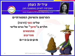 ‫הפרסום והשיווק המסורתיים‬
          ‫עולים כסף (הרבה)‬
    ‫תלויים ב"תיווך" של גורם שלישי‬
              ‫מתנשאים‬
              ‫מפריעים‬
           ‫מ-ע-צ-ב-נ-י-ם‬


‫6‬              ‫עידית נעמן ‪I‬האקדמיה לשיווק באמצעות תוכן © כל הזכויות שמורות 1102‬
 
