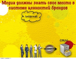 Медиа должны знать свое место в
    системе ценностей брендов
                            Internet




                                       CRM



четверг, 15 декабря 11 г.
 
