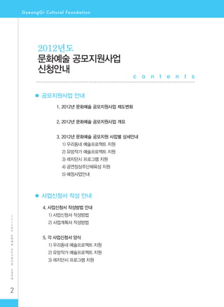 2
2
0
1
2
년
도
문
화
예
술
공
모
지
원
사
업
신
청
안
내
● 공모지원사업 안내
● 사업신청서 작성 안내
2012년도
문화예술 공모지원사업
신청안내
1. 2012년 문화예술 공모지원사업 제도변화
2. 2012년 문화예술 공모지원사업 개요
3. 2012년 문화예술 공모지원 사업별 상세안내
1) 우리동네 예술프로젝트 지원
2) 유망작가 예술프로젝트 지원
3) 레지던시 프로그램 지원
4) 공연장상주단체육성 지원
5) 예정사업안내
4. 사업신청서 작성방법 안내
1) 사업신청서 작성방법
2) 사업계획서 작성방법
5. 각 사업신청서 양식
1) 우리동네 예술프로젝트 지원
2) 유망작가 예술프로젝트 지원
3) 레지던시 프로그램 지원
c o n t e n t s
 