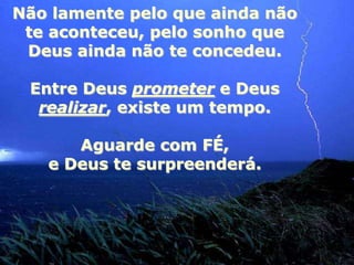 Não lamente pelo que ainda não
 te aconteceu, pelo sonho que
 Deus ainda não te concedeu.

 Entre Deus prometer e Deus
  realizar, existe um tempo.

      Aguarde com FÉ,
   e Deus te surpreenderá.
 