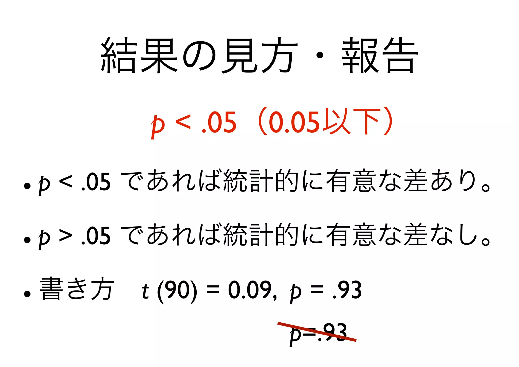 結果の見方・報告
       p < .05（0.05以下）

•p < .05 であれば統計的に有意な差あり。
•p > .05 であれば統計的に有意な差なし。
• 書き方 t (90) = 0.09, p = .93
               p=.93
 