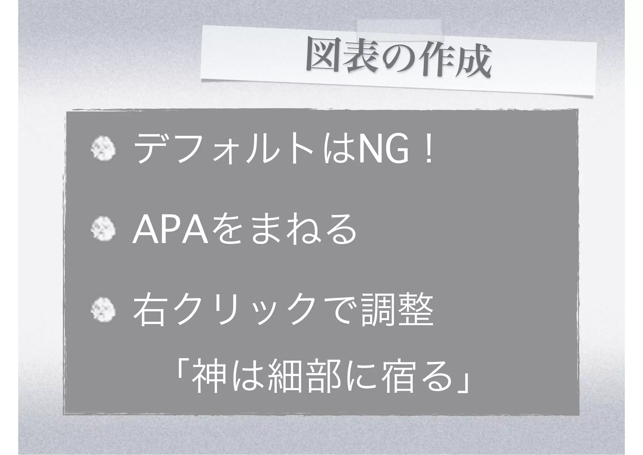 図表の作成

デフォルトはNG！

APAをまねる

右クリックで調整
「神は細部に宿る」
 