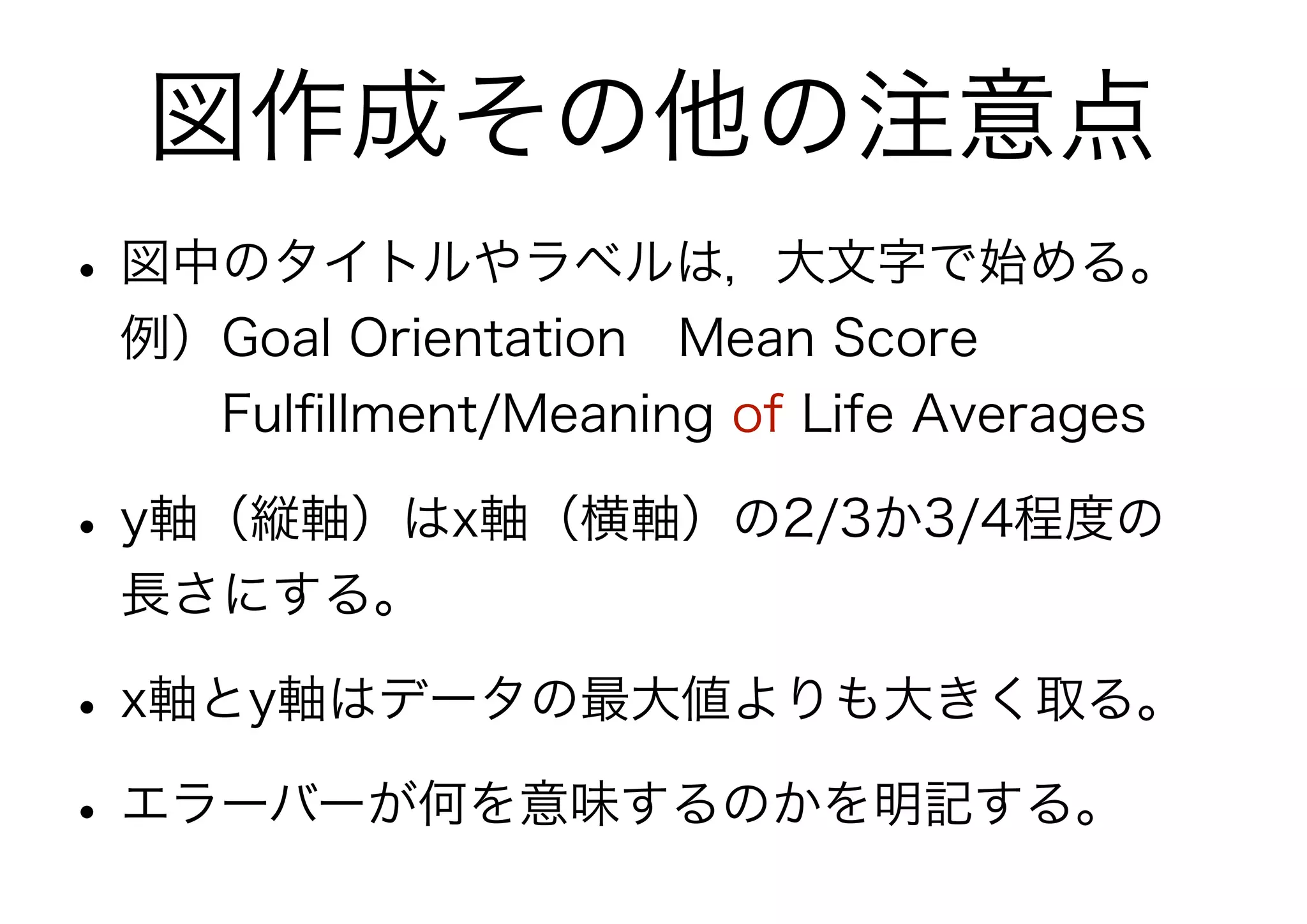 図作成その他の注意点
• 図中のタイトルやラベルは，大文字で始める。
 例）Goal Orientation Mean Score 
   Fulﬁllment/Meaning of Life Averages

• y軸（縦軸）はx軸（横軸）の2/3か3/4程度の
 長さにする。

• x軸とy軸はデータの最大値よりも大きく取る。
• エラーバーが何を意味するのかを明記する。
 