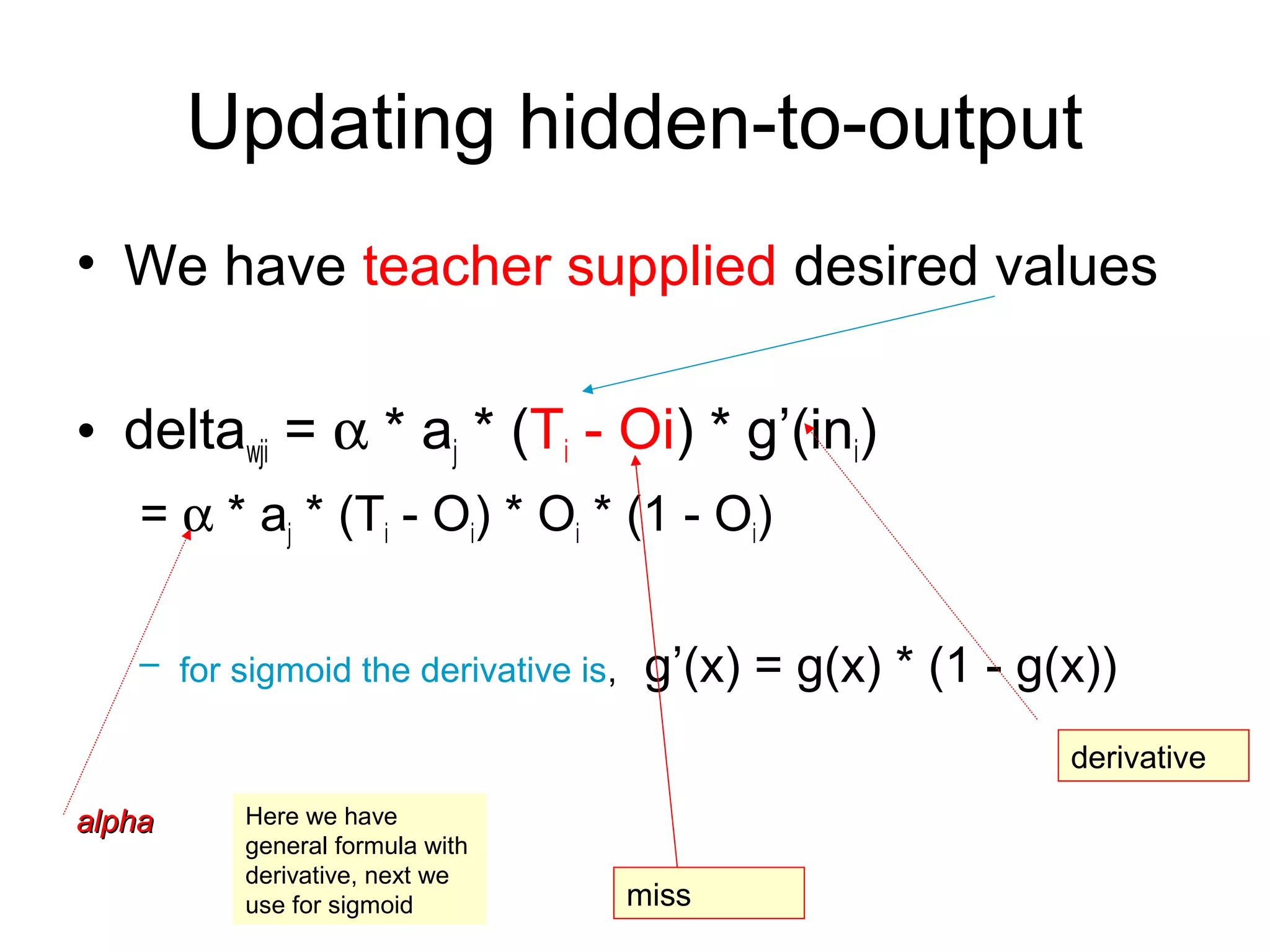 Updating hidden-to-output
• We have teacher supplied desired values
• deltawji = α * aj * (Ti - Oi) * g’(ini)
= α * aj * (Ti - Oi) * Oi * (1 - Oi)
– for sigmoid the derivative is, g’(x) = g(x) * (1 - g(x))
alphaalpha
derivative
miss
Here we have
general formula with
derivative, next we
use for sigmoid
 
