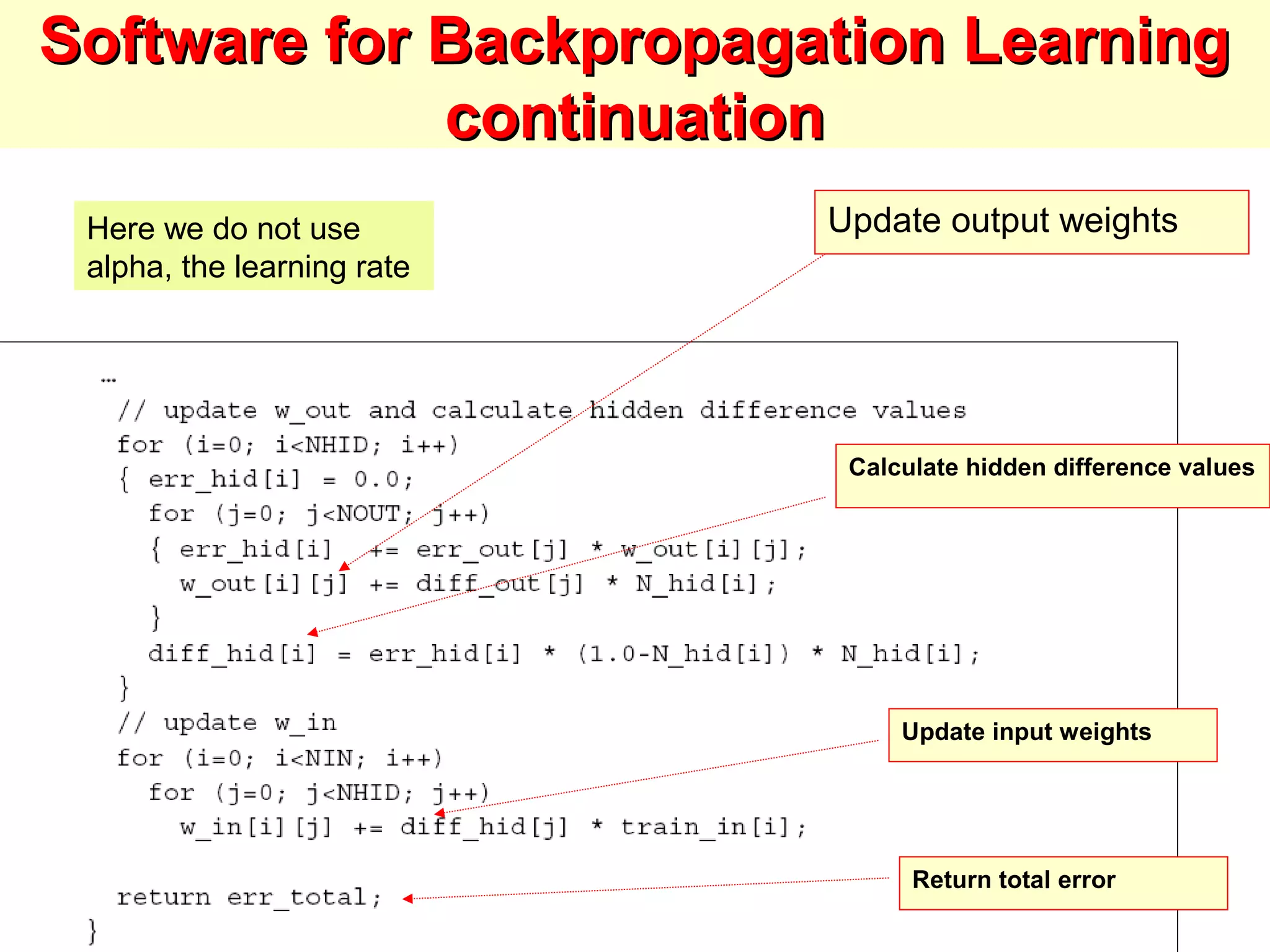 Update output weights
Software for Backpropagation LearningSoftware for Backpropagation Learning
continuationcontinuation
Calculate hidden difference values
Update input weights
Return total error
Here we do not use
alpha, the learning rate
 