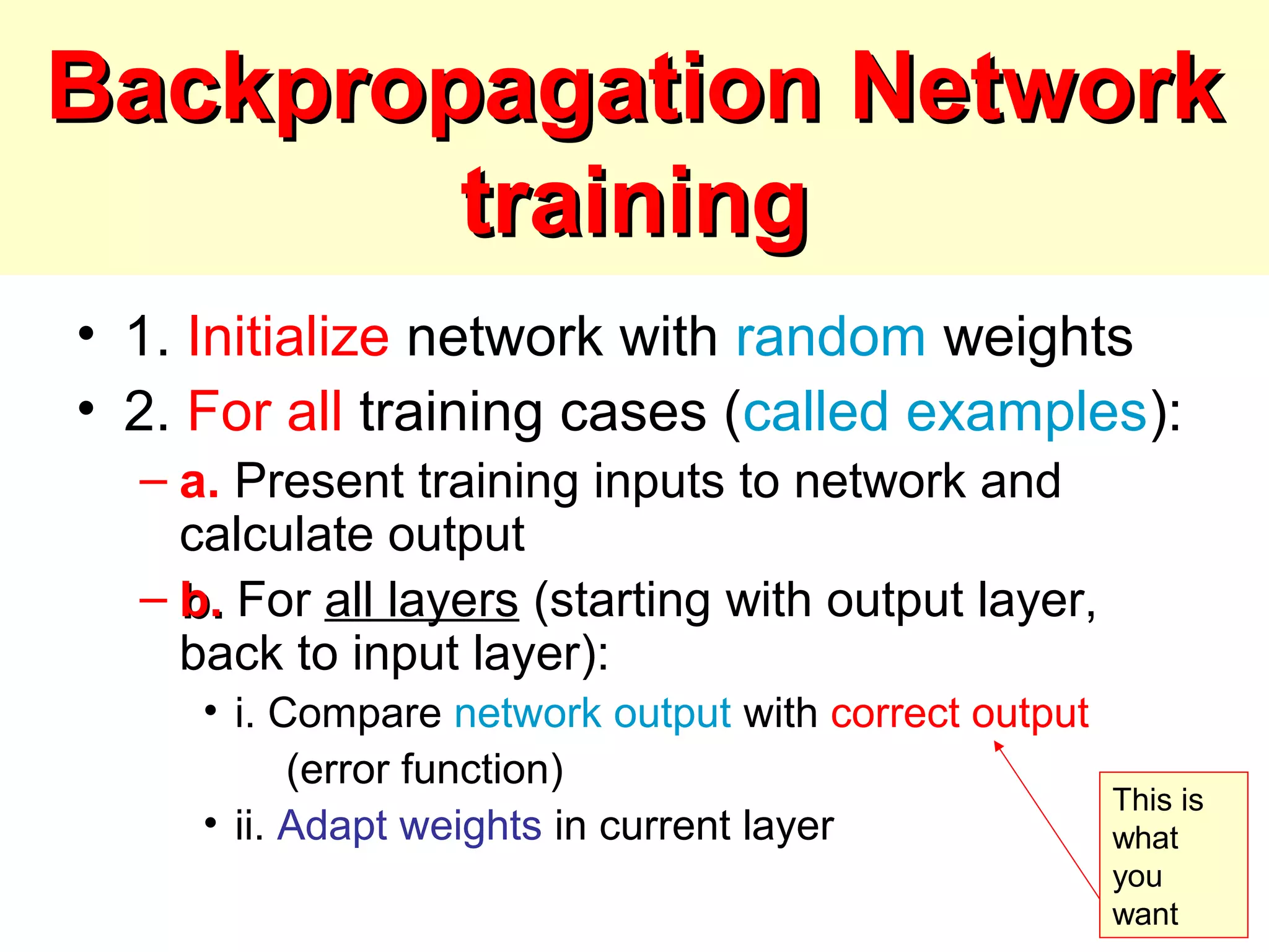 Backpropagation NetworkBackpropagation Network
trainingtraining
• 1. Initialize network with random weights
• 2. For all training cases (called examples):
– a. Present training inputs to network and
calculate output
– b.b. For all layers (starting with output layer,
back to input layer):
• i. Compare network output with correct output
(error function)
• ii. Adapt weights in current layer
This is
what
you
want
 