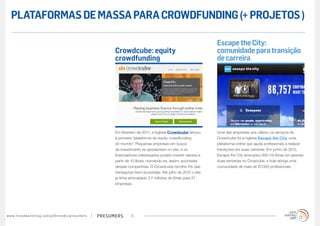 PLATAFORMAS DE MASSA PARA CROWDFUNDING (+ PROJETOS )

                                                                                                                                              Escape the City:
                                                                                        Crowdcube: equity                                     comunidade para transição
                                                                                        crowdfunding                                          de carreira




                                                                                        Em fevereiro de 2011, a inglesa Crowdcube lançou      Uma das empresas que utilizou os serviços do
                                                                                        a primeira “plataforma de equity crowdfunding         Crowdcube foi a inglesa Escape the City, uma
                                                                                        do mundo”. Pequenas empresas em busca                 plataforma online que ajuda profissionais a realizar
                                                                                        de investimento se apresentam no site, e os           transições em suas carreiras. Em junho de 2012,
                                                                                        financiadores interessados podem investir valores a   Escape the City arrecadou 600 mil libras em apenas
                                                                                        partir de 10 libras –tornando-se, assim, acionistas   duas semanas no Crowcube, e hoje abriga uma
                                                                                        dessas companhias. O Crowdcube recolhe 5% das         comunidade de mais de 87.000 profissionais.
                                                                                        transações bem-sucedidas. Até julho de 2012 o site
                                                                                        já tinha arrecadado 3,7 milhões de libras para 21
                                                                                        empresas.




w w w. t r e n d w a t c h i n g . c o m / p t / t r e n d s / p r e s u m e rs   presumers      11
 