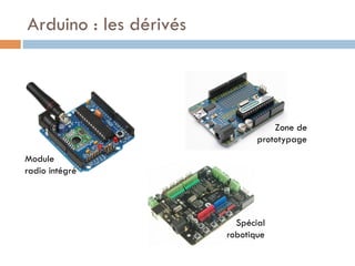 Arduino : les dérivés




                                   Zone de
                               prototypage
Module
radio intégré




                          Spécial
                        robotique
 