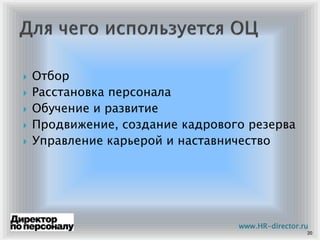 Отбор
Расстановка персонала
Обучение и развитие
Продвижение, создание кадрового резерва
Управление карьерой и наставничество
20
www.HR-director.ru
 