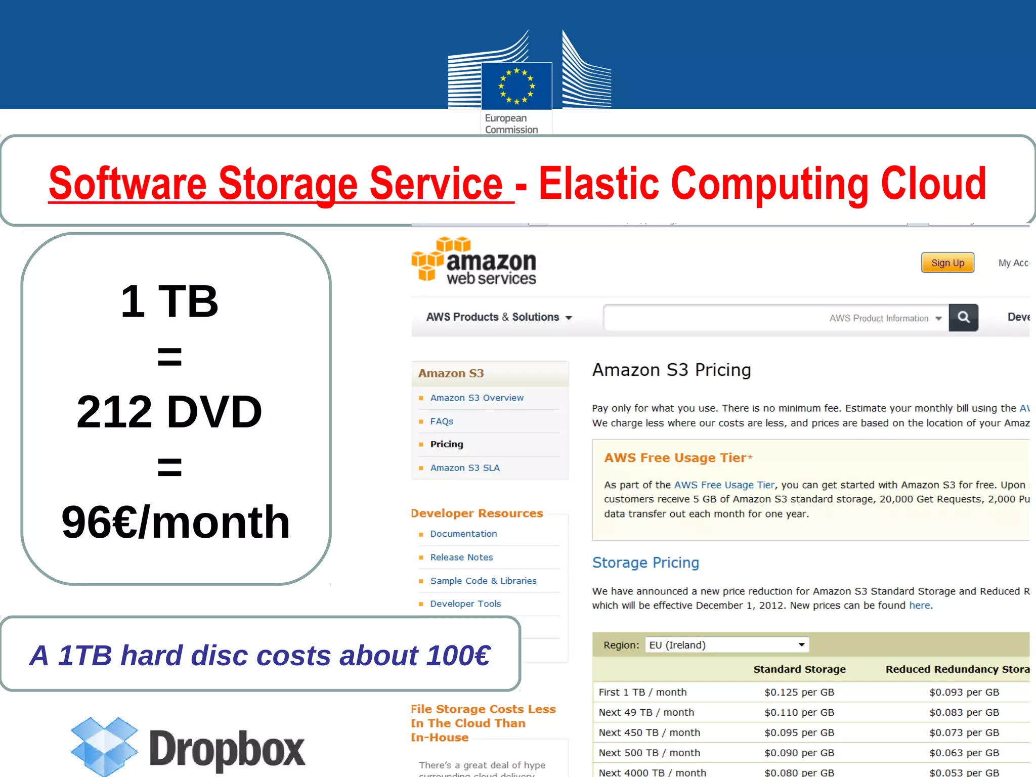 Software Storage Service - Elastic Computing Cloud

     1 TB
       =
   212 DVD
       =
  96€/month

A 1TB hard disc costs about 100€
 