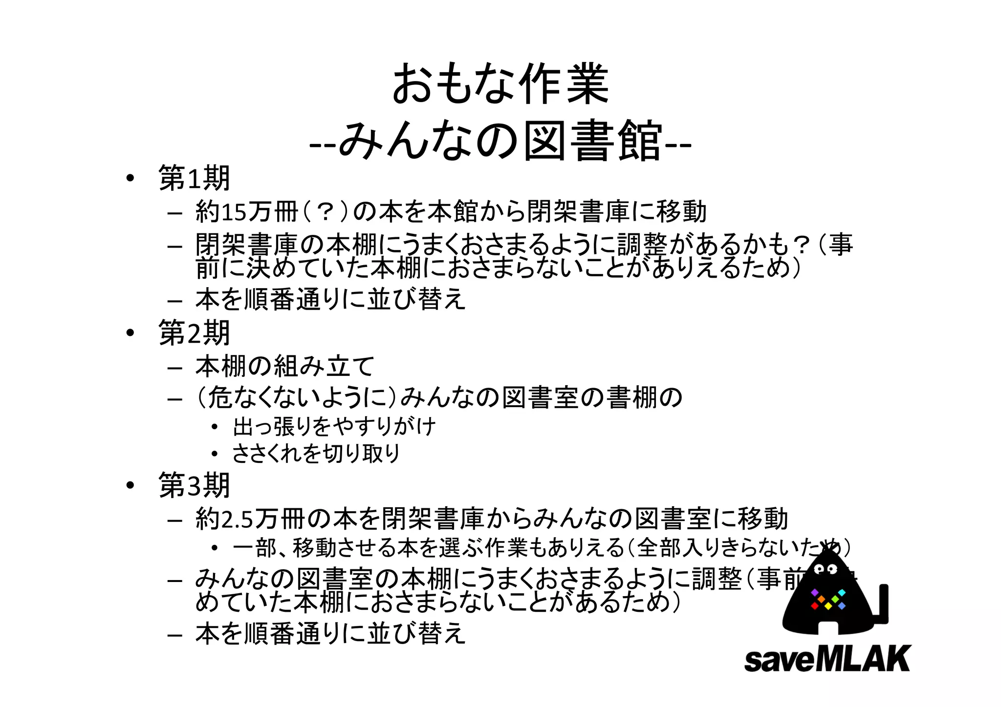おもな作業
         ‐‐みんなの図書館‐‐
• 第1期
  – 約15万冊（？）の本を本館から閉架書庫に移動
  – 閉架書庫の本棚にうまくおさまるように調整があるかも？（事
    前に決めていた本棚におさまらないことがありえるため）
  – 本を順番通りに並び替え
• 第2期
  – 本棚の組み立て
  – （危なくないように）みんなの図書室の書棚の
    • 出っ張りをやすりがけ
    • ささくれを切り取り
• 第3期
  – 約2.5万冊の本を閉架書庫からみんなの図書室に移動
    • 一部、移動させる本を選ぶ作業もありえる（全部入りきらないため）
  – みんなの図書室の本棚にうまくおさまるように調整（事前に決
    めていた本棚におさまらないことがあるため）
  – 本を順番通りに並び替え
 