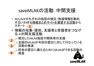 saveMLAKの活動：中間支援
• M/L/A/Kそれぞれの施設の被災・救援情報を集約
  するいわゆる情報まとめサイトを運営する活動から
  スタート 1
• 情報の収集・提供、支援者と受援者をつなげ
  る→中間支援活動
    – 被災...