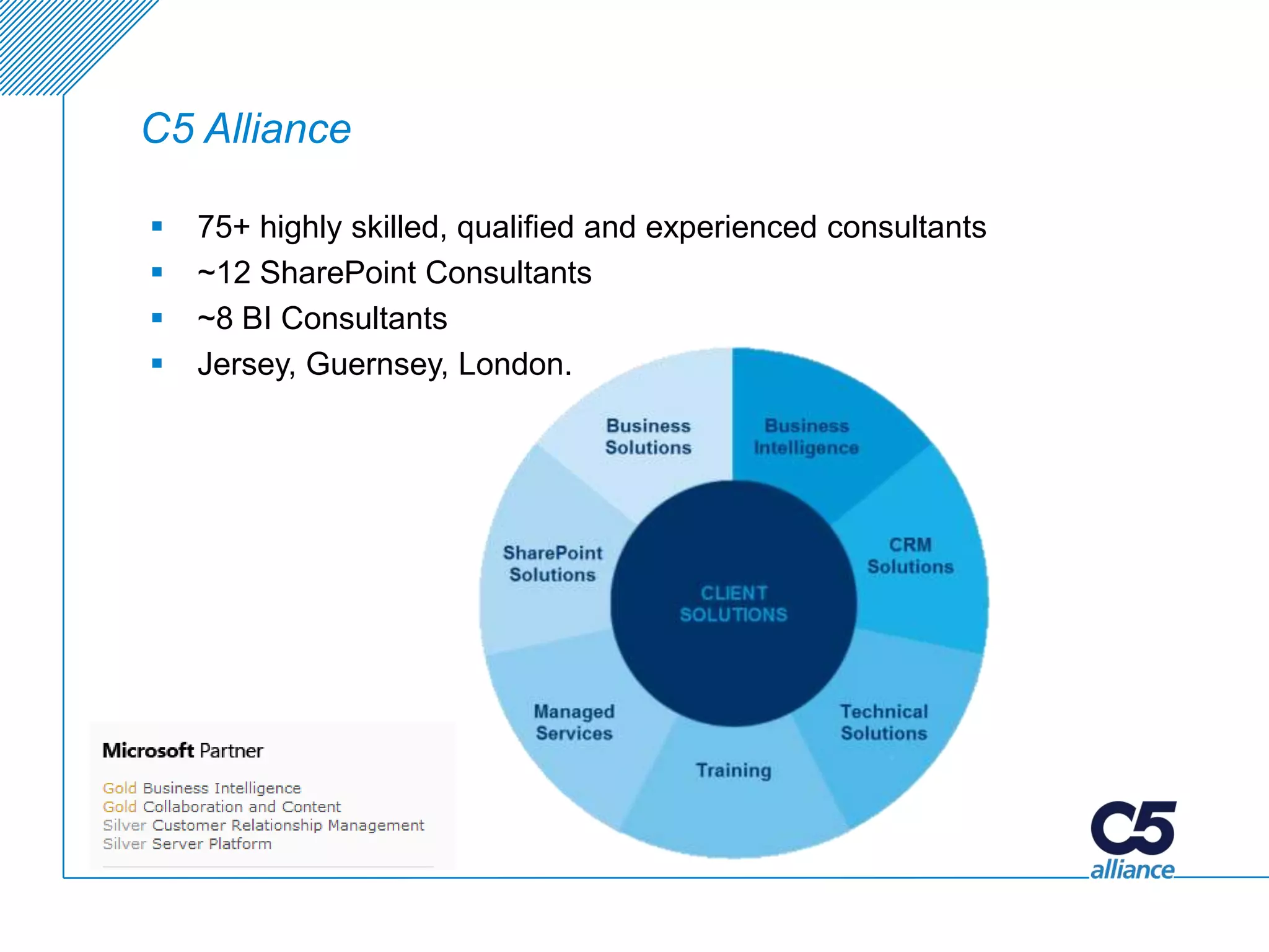 C5 Alliance

   75+ highly skilled, qualified and experienced consultants
   ~12 SharePoint Consultants
   ~8 BI Consultants
   Jersey, Guernsey, London.
 