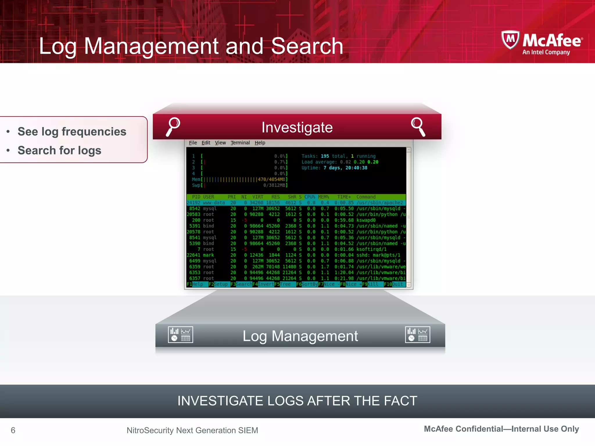 Log Management and Search


• See log frequencies                                    Investigate
• Search for logs




                                                 Log Management



                                 INVESTIGATE LOGS AFTER THE FACT

6                   NitroSecurity Next Generation SIEM                 McAfee Confidential—Internal Use Only
 