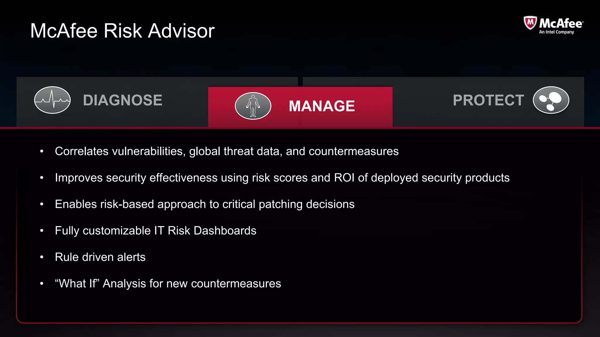 McAfee Risk Advisor


        DIAGNOSE                               MANAGE                         PROTECT


• Correlates vulnerabilities, global threat data, and countermeasures

• Improves security effectiveness using risk scores and ROI of deployed security products

• Enables risk-based approach to critical patching decisions

• Fully customizable IT Risk Dashboards

• Rule driven alerts

• “What If” Analysis for new countermeasures
 