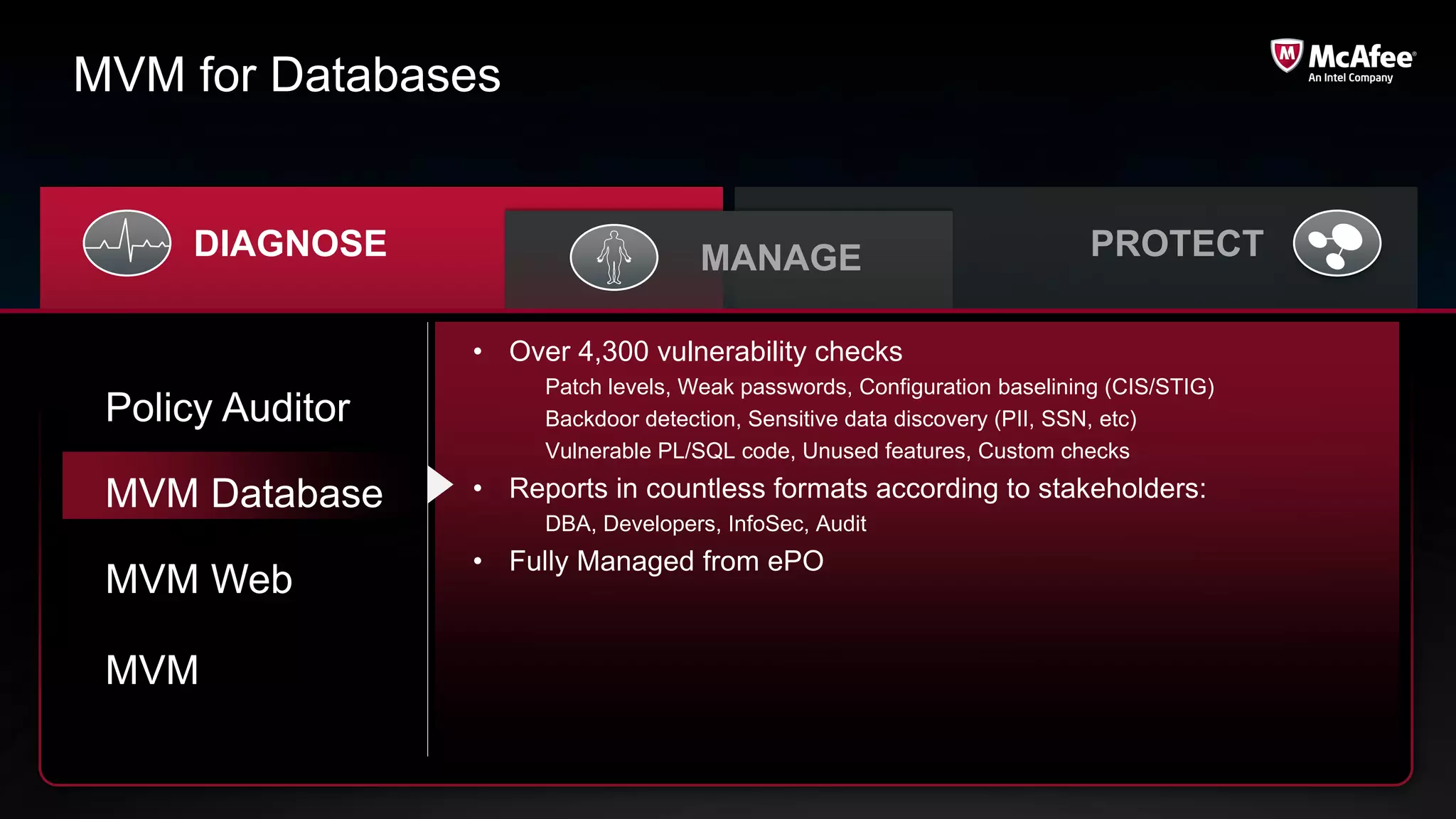 MVM for Databases


      DIAGNOSE                        MANAGE                               PROTECT

                  • Over 4,300 vulnerability checks
                       Patch levels, Weak passwords, Configuration baselining (CIS/STIG)
 Policy Auditor        Backdoor detection, Sensitive data discovery (PII, SSN, etc)
                       Vulnerable PL/SQL code, Unused features, Custom checks

 MVM Database     • Reports in countless formats according to stakeholders:
                       DBA, Developers, InfoSec, Audit
                  • Fully Managed from ePO
 MVM Web

 MVM
 