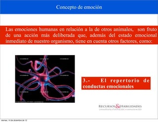 Concepto de emoción



     Las emociones humanas en relación a la de otros animales, son fruto
     de una acción más deliberada que, además del estado emocional
     inmediato de nuestro organismo, tiene en cuenta otros factores, como:




                                            3.-    El repertorio de
                                            conductas emocionales




viernes, 14 de diciembre de 12
 