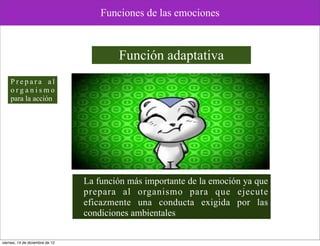 Funciones de las emociones



                                         Función adaptativa
    Prepara al
    organismo
    para la acción




                                 La función más importante de la emoción ya que
                                 prepara al organismo para que ejecute
                                 eficazmente una conducta exigida por las
                                 condiciones ambientales


viernes, 14 de diciembre de 12
 