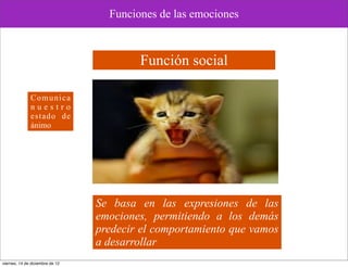 Funciones de las emociones



                                         Función social

              Comunica
              nuestro
              estado de
              ánimo




                                 Se basa en las expresiones de las
                                 emociones, permitiendo a los demás
                                 predecir el comportamiento que vamos
                                 a desarrollar
viernes, 14 de diciembre de 12
 