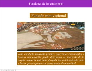 Funciones de las emociones



                                            Función motivacional




                                 Toda conducta motivada produce reacciones emocionales e
                                 incluso una emoción puede determinar la aparición de la
                                 propia conducta motivada, dirigida hacia determinada meta
                                 y hacer que se ejecute con cierto grado de intensidad.

viernes, 14 de diciembre de 12
 