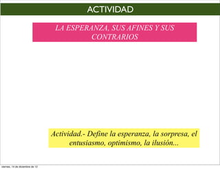 ACTIVIDAD
                                  LA ESPERANZA, SUS AFINES Y SUS
                                           CONTRARIOS




                                 Actividad.- Define la esperanza, la sorpresa, el
                                       entusiasmo, optimismo, la ilusión...

viernes, 14 de diciembre de 12
 