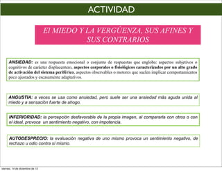 ACTIVIDAD

                                 El MIEDO Y LA VERGÚENZA, SUS AFINES Y
                                            SUS CONTRARIOS

     ANSIEDAD: es una respuesta emocional o conjunto de respuestas que engloba: aspectos subjetivos o
     cognitivos de carácter displacentero, aspectos corporales o fisiológicos caracterizados por un alto grado
     de activación del sistema periférico, aspectos observables o motores que suelen implicar comportamientos
     poco ajustados y escasamente adaptativos.



     ANGUSTIA: a veces se usa como ansiedad, pero suele ser una ansiedad más aguda unida al
     miedo y a sensación fuerte de ahogo.


      INFERIORIDAD: la percepción desfavorable de la propia imagen, al compararla con otros o con
      el ideal, provoca un sentimiento negativo, con impotencia.


      AUTODESPRECIO: la evaluación negativa de uno mismo provoca un sentimiento negativo, de
      rechazo u odio contra sí mismo.




viernes, 14 de diciembre de 12
 