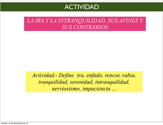 ACTIVIDAD
                             LA IRA Y LA INTRANQUILIDAD, SUS AFINES Y
                                           SUS CONTRARIOS




                                 Actividad.- Define ira, enfado, rencor, rabia,
                                   tranquilidad, serenidad, intranquilidad,
                                         nerviosismo, impaciencia ...




viernes, 14 de diciembre de 12
 