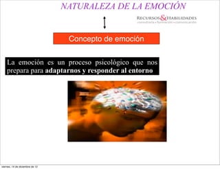 NATURALEZA DE LA EMOCIÓN


                                  Concepto de emoción


    La emoción es un proceso psicológico que nos
    prepara para adaptarnos y responder al entorno




viernes, 14 de diciembre de 12
 