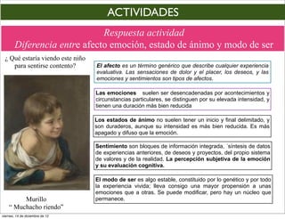 ACTIVIDADES
                              Respuesta actividad
        Diferencia entre afecto emoción, estado de ánimo y modo de ser
 ¿ Qué estaría viendo este niño
    para sentirse contento?       El afecto es un término genérico que describe cualquier experiencia
                                  evaluativa. Las sensaciones de dolor y el placer, los deseos, y las
                                  emociones y sentimientos son tipos de afectos.

                                  Las emociones suelen ser desencadenadas por acontecimientos y
                                  circunstancias particulares, se distinguen por su elevada intensidad, y
                                  tienen una duración más bien reducida

                                  Los estados de ánimo no suelen tener un inicio y final delimitado, y
                                  son duraderos, aunque su intensidad es más bien reducida. Es más
                                  apagado y difuso que la emoción.

                                  Sentimiento son bloques de información integrada, ´síntesis de datos
                                  de experiencias anteriores, de deseos y proyectos, del propio sistema
                                  de valores y de la realidad. La percepción subjetiva de la emoción
                                  y su evaluación cognitiva.

                                  El modo de ser es algo estable, constituido por lo genético y por todo
                                  la experiencia vivida; lleva consigo una mayor propensión a unas
                                  emociones que a otras. Se puede modificar, pero hay un núcleo que
         Murillo                  permanece.
    “ Muchacho riendo”
viernes, 14 de diciembre de 12
 