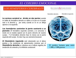 EL CEREBRO EMOCIONAL
        LOS HEMISFERIOS CEREBRALES
                                                                     Hemisferio derecho   Hemisferio izquierdo


    La corteza cerebral se divide en dos partes: cuando
    se habla de hemisferio derecho se reﬁere a lo que en el cuerpo
    está a la derecha y, por tanto, cuando se ve en un dibujo
    aparece a la izquierda.

    Los hemisferios controlan la parte contraria a su
    posición. El hemisferio izquierdo controla y se comunica a
    través de la medula espinal con la parte derecha de nuestro
    cuerpo. Y el hemisferio derecho hace lo mismo con la parte
    izquierda del cuerpo. Es decir hay una asimetría funcional.

    El Hemisferio izquierdo está relacionado con el afecto
    positivo y las tendencias de aproximación; mientras que el
    Hemisferio derecho se relaciona con el afecto negativo, las         El cerebro humano pesa entre
    tendencias de evitación y la inhibición conductual.                 1.300 y 1.500 gramos.




viernes, 14 de diciembre de 12
 