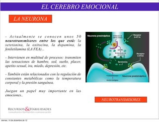 EL CEREBRO EMOCIONAL
              LA NEURONA


    - Actualmente se conocen unos 50
    neurotransmisores entre los que está: la
    seretonina, la oxitocina, la dopamina, la
    feniletilamina (LA FEA)...

    - Intervienen en multitud de procesos: transmiten
    las sensaciones de hambre, sed, sueño, placer,
    apetito sexual, ira, miedo, depresión, etc.

    - También están relacionados con la regulación de
    constantes metabólicas como la temperatura
    corporal y la presión sanguínea.

    Juegan un papel muy importante en las
    emociones..
                                                        NEUROTRANSMISORES




viernes, 14 de diciembre de 12
 