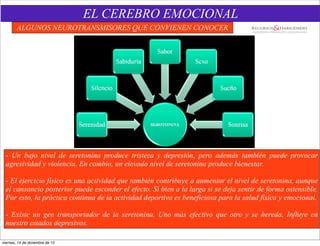 EL CEREBRO EMOCIONAL
        ALGUNOS NEUROTRANSMISORES QUE CONVIENEN CONOCER




 - Un bajo nivel de seretonina produce tristeza y depresión, pero además también puede provocar
 agresividad y violencia. En cambio, un elevado nivel de seretonina produce bienestar.

 - El ejercicio físico es una actividad que también contribuye a aumentar el nivel de seretonina, aunque
 el cansancio posterior puede esconder el efecto. Si bien a la larga si se deja sentir de forma ostensible.
 Por esto, la práctica continua de la actividad deportiva es beneficiosa para la salud física y emocional.

 - Existe un gen transportador de la seretonina. Uno más efectivo que otro y se hereda. Influye en
 nuestro estados depresivos.

viernes, 14 de diciembre de 12
 
