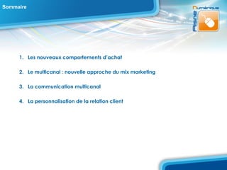 Sommaire




     1. Les nouveaux comportements d’achat

     2. Le multicanal : nouvelle approche du mix marketing

     3. La communication multicanal

     4. La personnalisation de la relation client
 