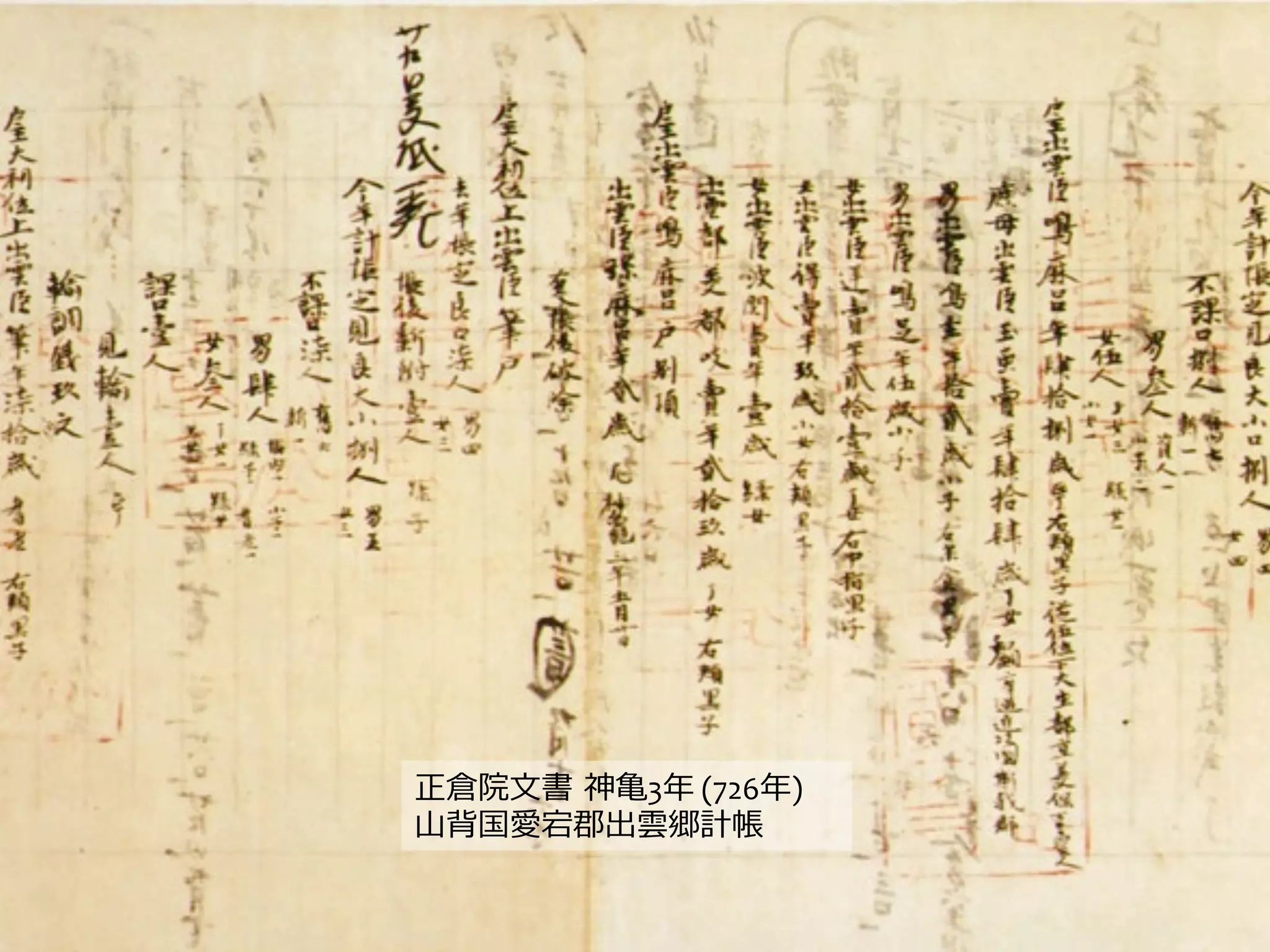 正倉院⽂文書  神⻲亀3年年	
  (726年年)	
  
⼭山背国愛宕郡出雲郷計帳	
  
 