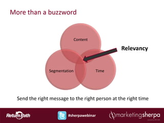More than a buzzword


                               Content

                                                 Relevancy


                Segmentation             Time




  Send the right message to the right person at the right time


                         #sherpawebinar
 