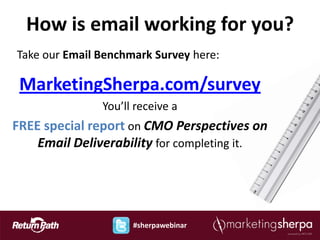 How is email working for you?
Take our Email Benchmark Survey here:

 MarketingSherpa.com/survey
               You’ll receive a
FREE special report on CMO Perspectives on
    Email Deliverability for completing it.




                     #sherpawebinar
 