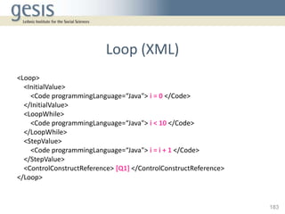 Loop (XML)
<Loop>
  <InitialValue>
    <Code programmingLanguage=“Java"> i = 0 </Code>
  </InitialValue>
  <LoopWhile>
   ...